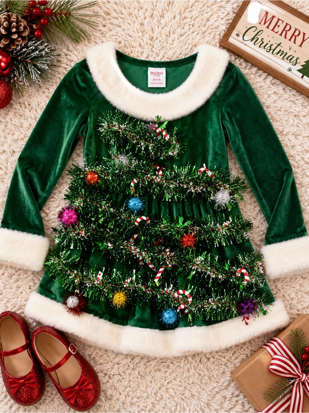 Holiday Time Kids Christmas Tree Dress Costume Green Velvet Faux Fur Trim XS 4-5